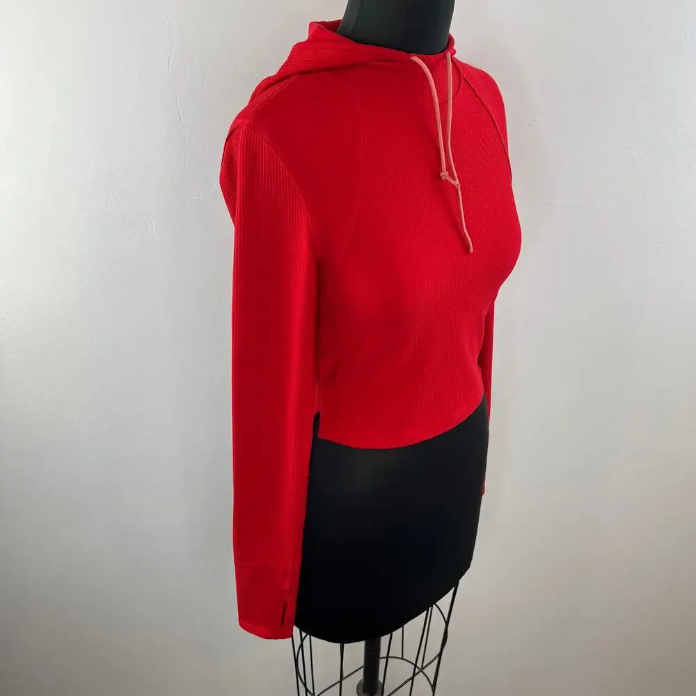 Free People Movement Red Ribbed Glamp Cut Out Hoodie Cropped Pullover Sweater XS